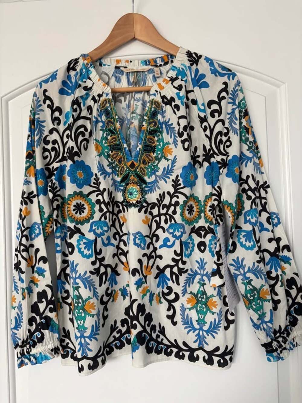 Soft Surroundings Leona Beaded Blouse Tibetan Scarf Cotton Viscose PS Sample